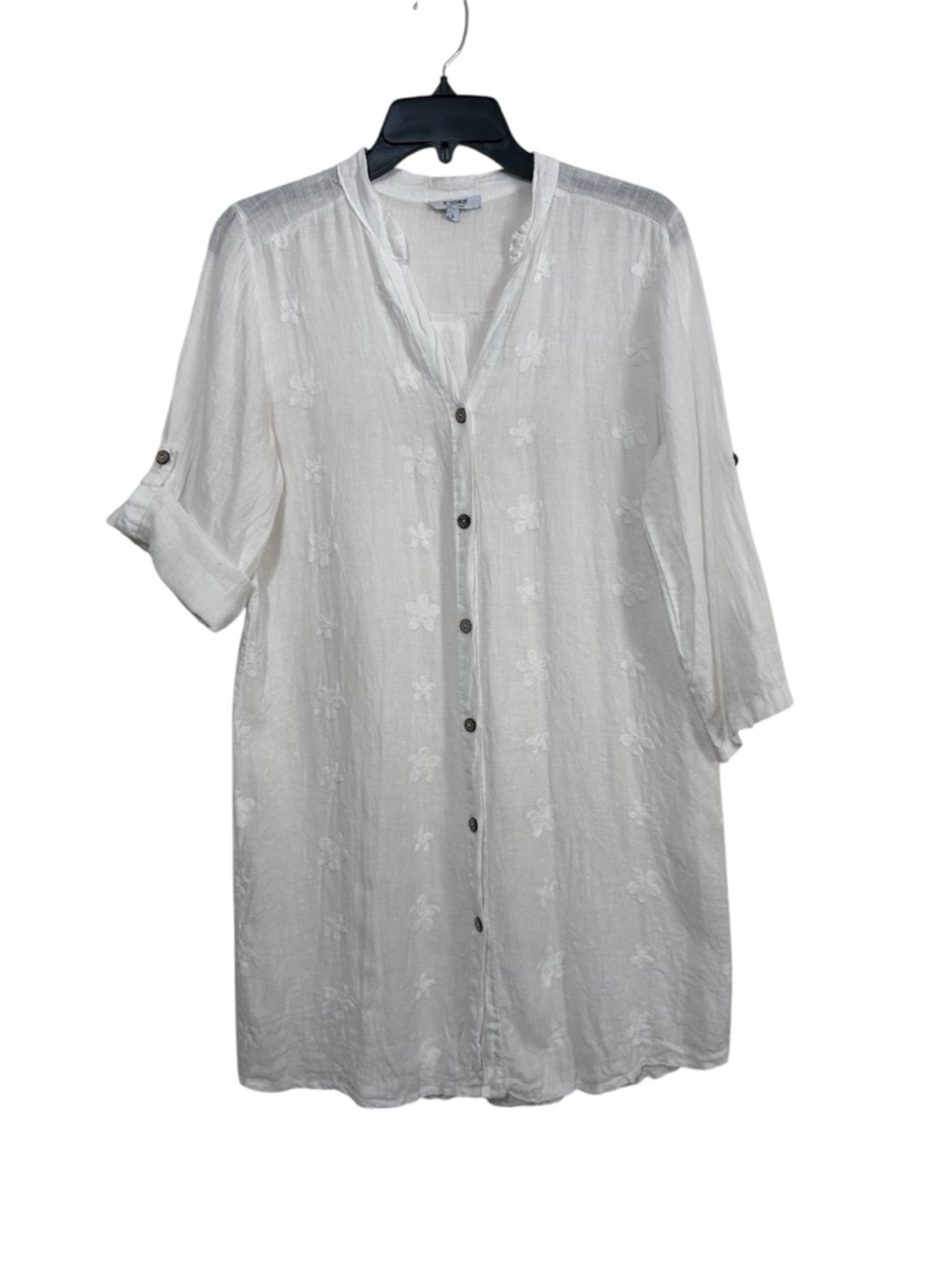 Rosemarine Italy White 100% Linen Floral Embroidered Button Front Tunic Small